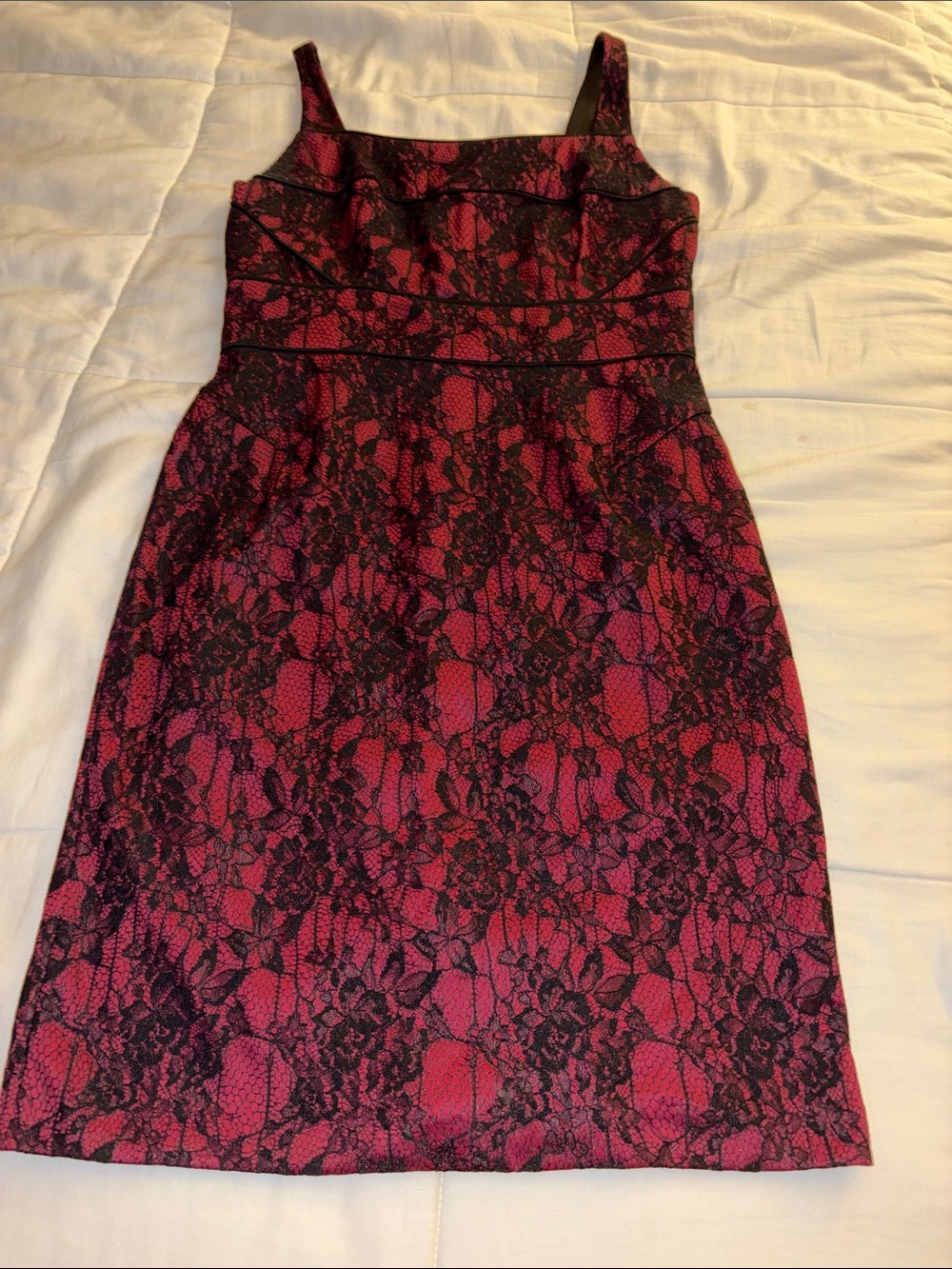 Adrianna Papell Midi Stealth Dress Black Lace Overlay on Red Background Size 10